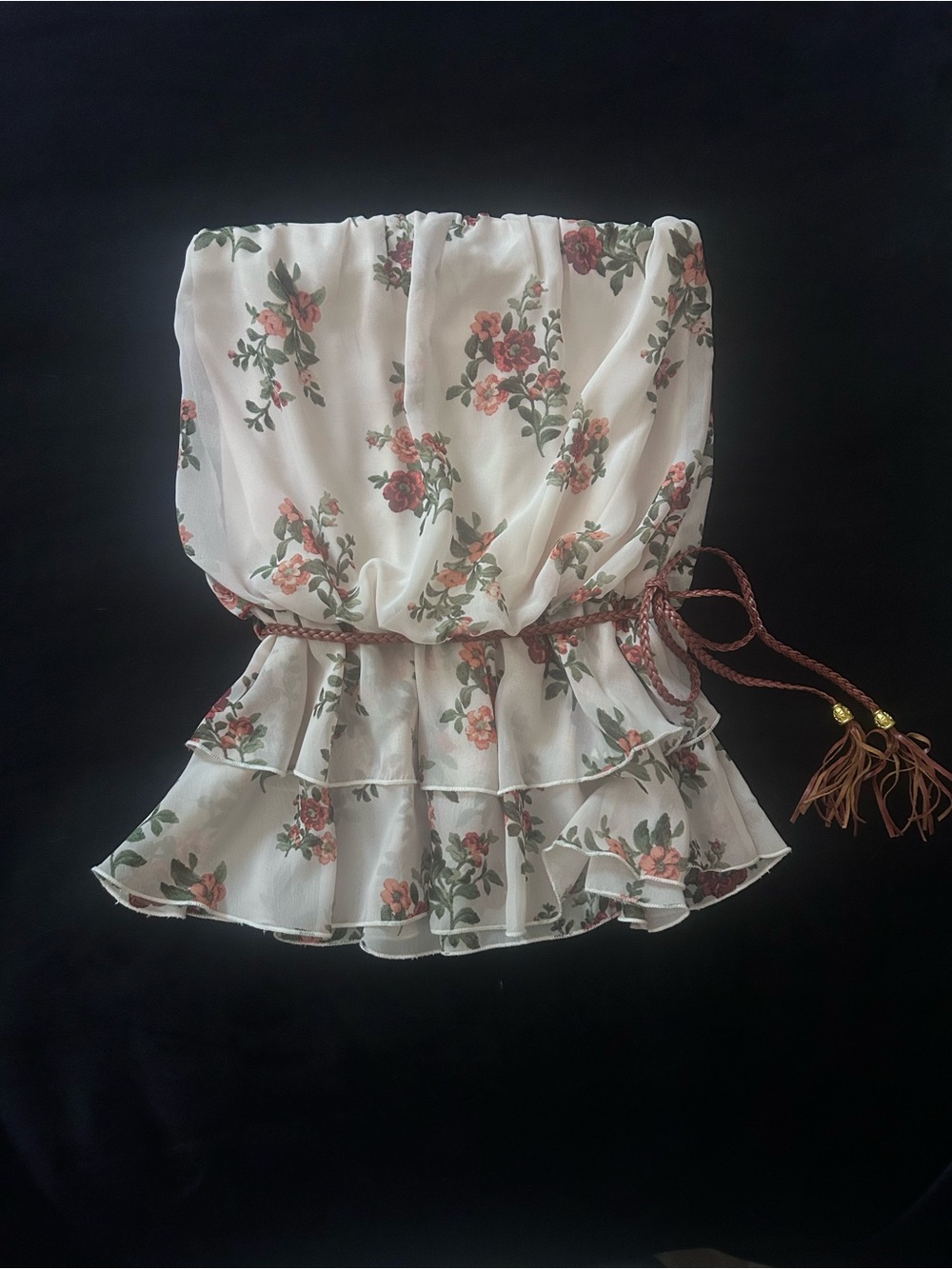 Papaya Floral Chiffon Tube Top, Cream with Pink & Green Flowers, Size Medium NWT